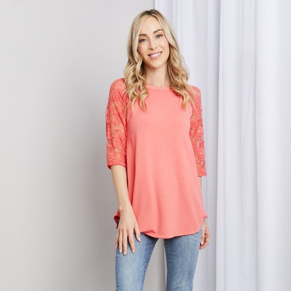 Zenana Full Size Spliced Lace Half Sleeve Round Neck Top in Deep Coral - Picture 4 of 10